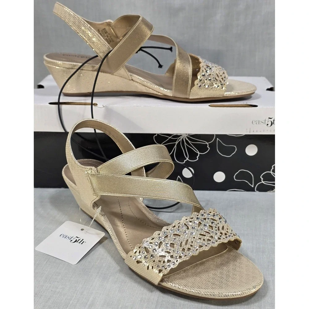 East 5th Gladie Gold Wedge Sandals Rhinestone Dress Shoes Womens 8.5M 106-0208